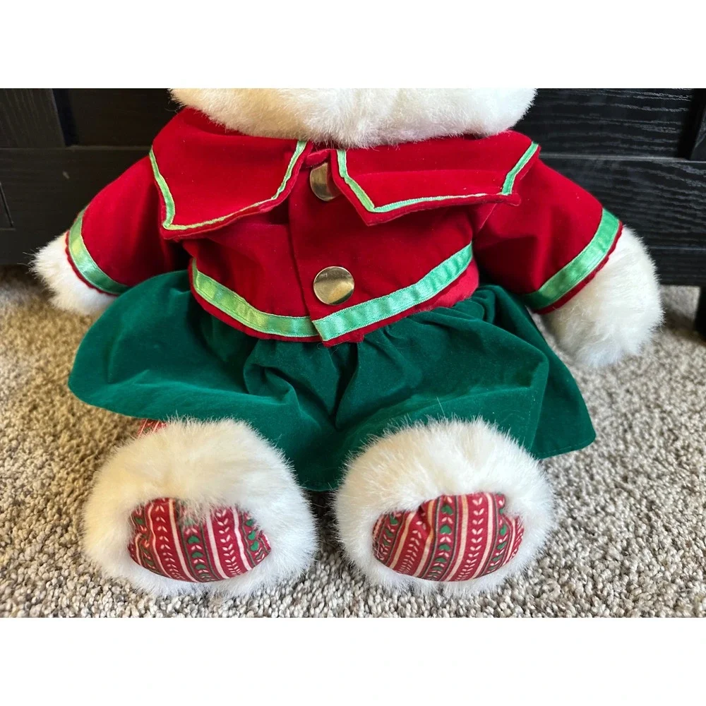 Vintage 1992 Kmart Christmas Bear Plush White Holiday Red Green Velvet Outfit‎